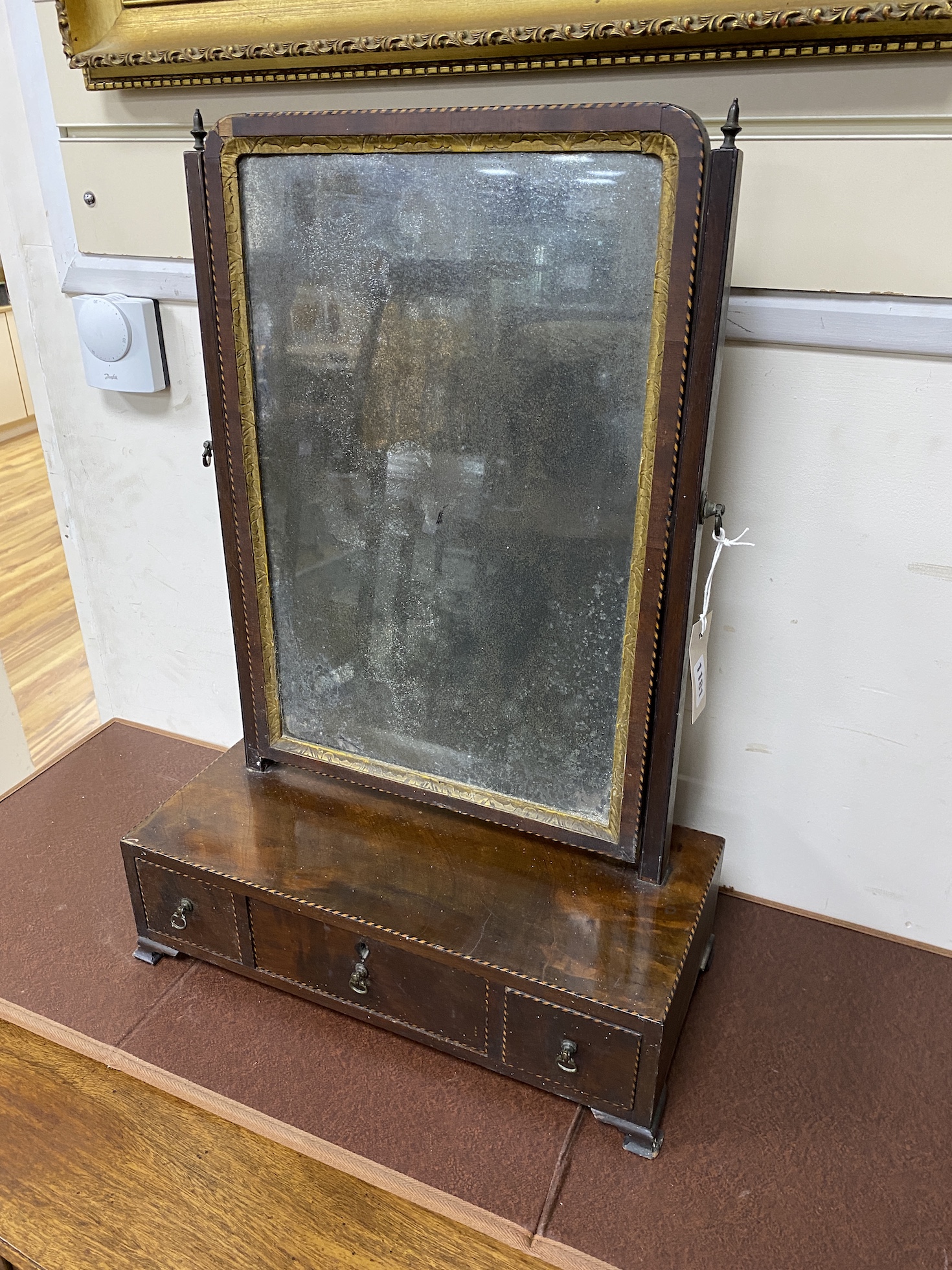 An 18th century inlaid mahogany toilet mirror, width 44cm, depth 20cm, height 65cm